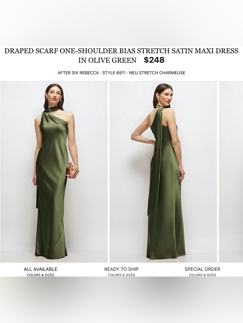 After Six Olive Green One-Shoulder Draped Satin Maxi Dress